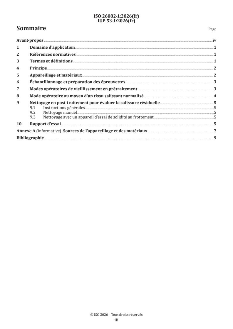 ISO 26082-1:2026 ISO 26082-1:2026 - Cuir — Méthodes d'essai physique et mécanique de détermination de la salissure — Partie 1: Méthode par frottement (Martindale) - Page 3 preview