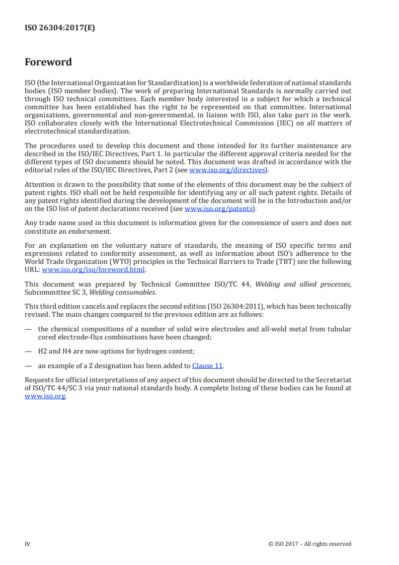 ISO 26304:2017 ISO 26304:2017 - Welding consumables — Solid wire electrodes, tubular cored electrodes and electrode-flux combinations for submerged arc welding of high strength steels — Classification/11/2017 - Page 4 preview
