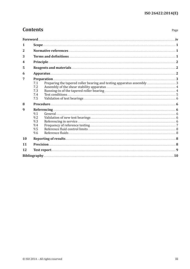 ISO 26422:2014 ISO 26422:2014 - Petroleum and related products — Determination of shear stability of lubricating oils containing polymers — Method using a tapered roller bearing/4/2014 - Page 3 preview