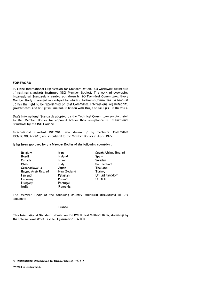 SIST ISO 2646:1995 ISO 2646:1974 - Wool — Measurement of the length of fibres processed on the worsted system, using a fibre diagram machine/1/1974 - Page 2 preview