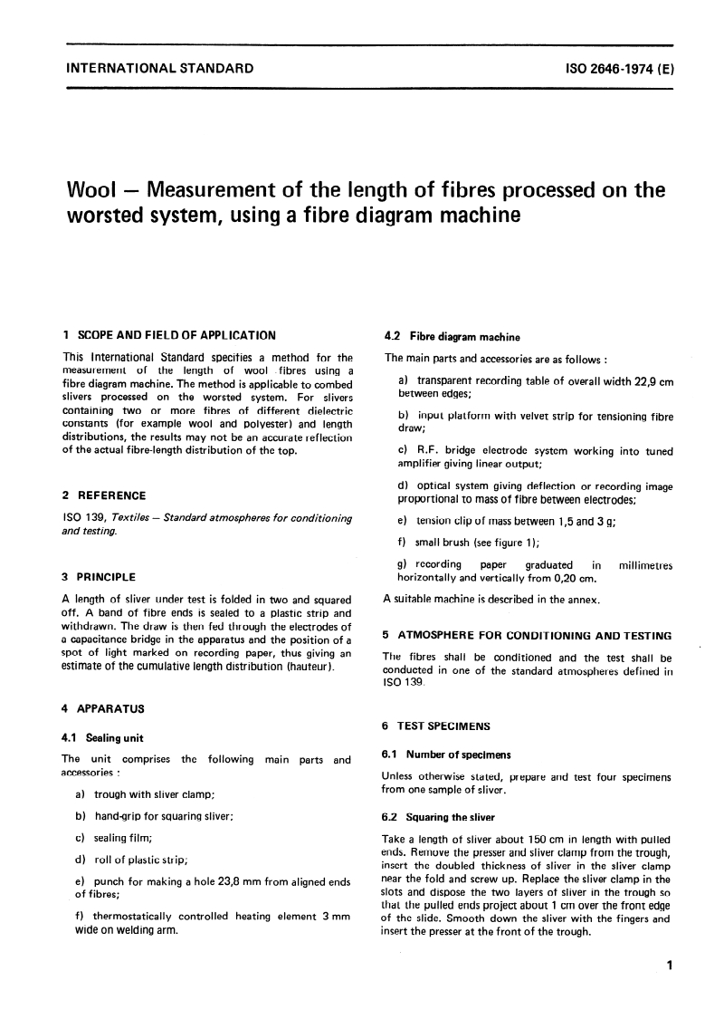 SIST ISO 2646:1995 ISO 2646:1974 - Wool — Measurement of the length of fibres processed on the worsted system, using a fibre diagram machine/1/1974 - Page 3 preview