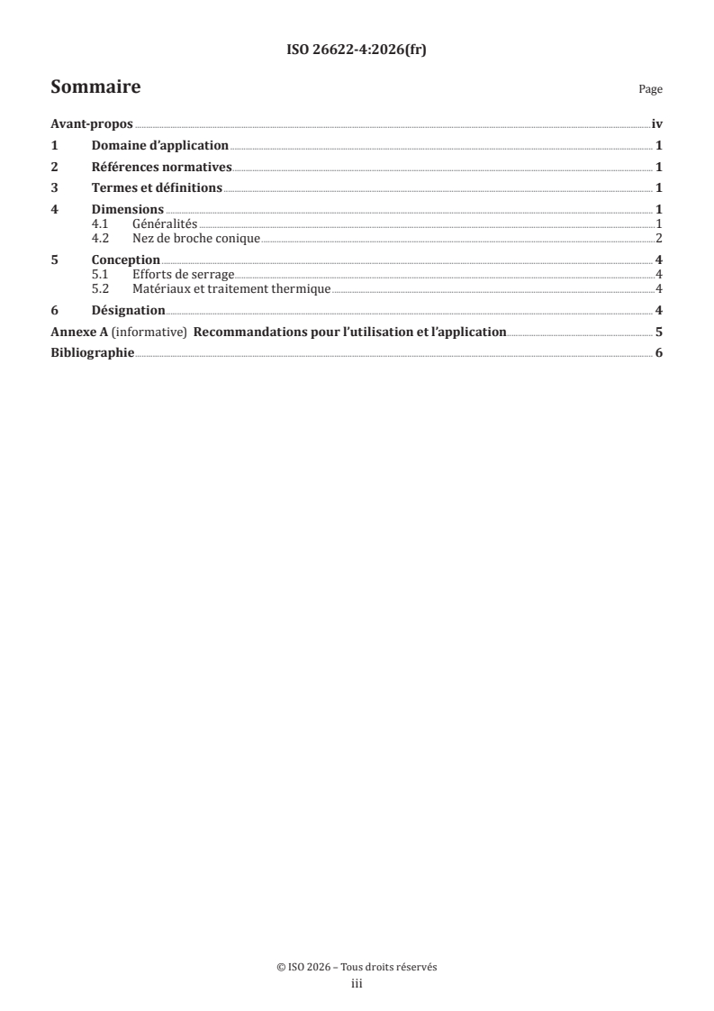 ISO 26622-4:2026 ISO 26622-4:2026 - Interfaces à cône modulaire avec système de serrage à billes — Partie 4: Dimensions des nez de broche pour une interface utilisant quatre éléments de verrouillage - Page 3 preview