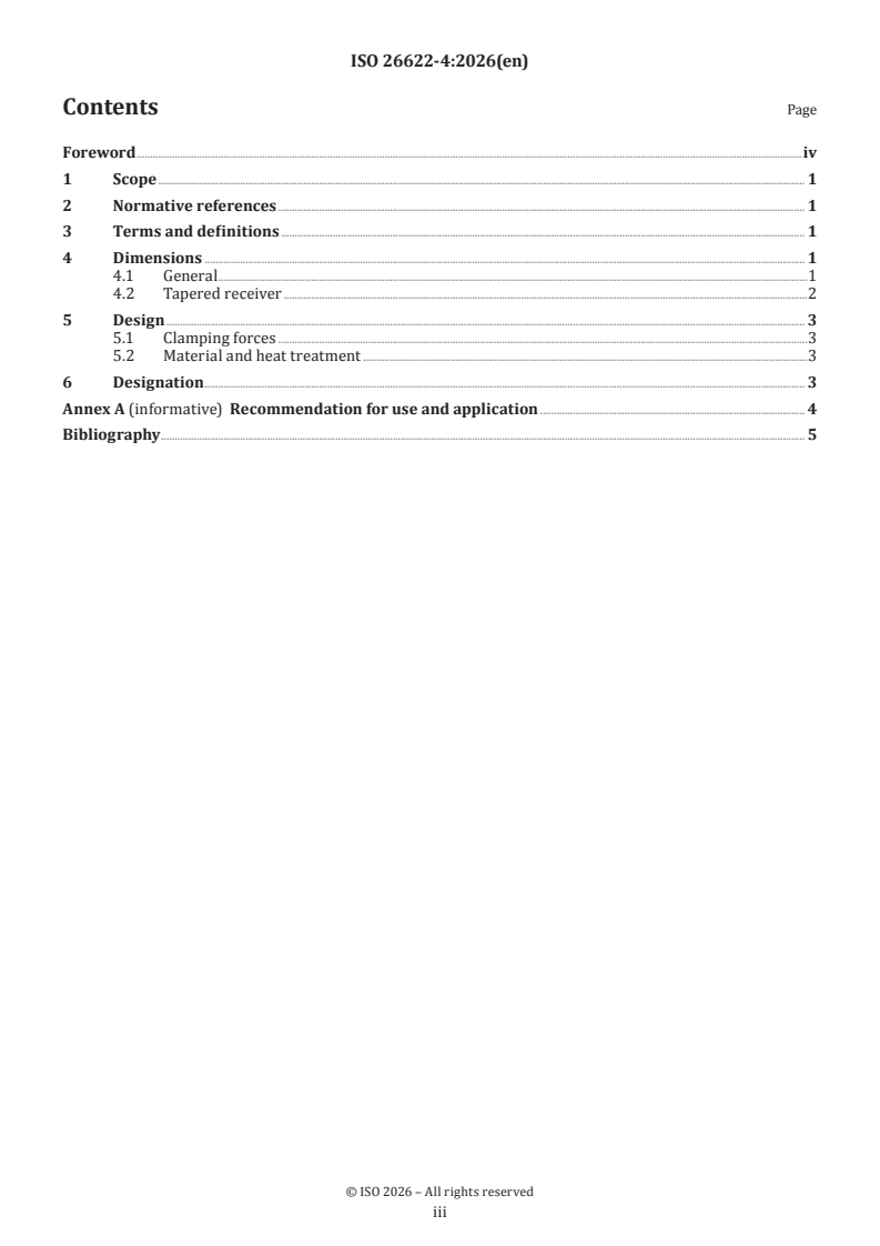 ISO 26622-4:2026 ISO 26622-4:2026 - Modular taper interface with ball track system — Part 4: Dimensions of receivers for interface utilizing four locking elements - Page 3 preview