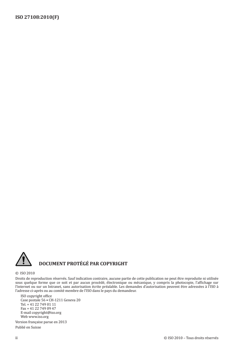 ISO 27108:2010 ISO 27108:2010 - Qualité de l'eau — Détermination d'agents de traitement et de produits d'usine sélectionnés — Méthode utilisant une micro-extraction en phase solide (MEPS) suivie d'une chromatographie en phase gazeuse-spectrométrie de masse (CG-SM)/19/2013 - Page 2 preview