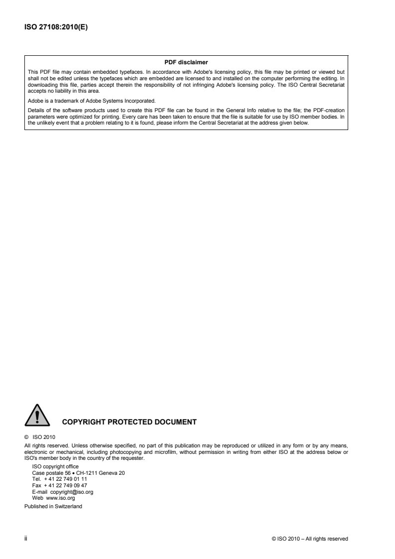 ISO 27108:2010 ISO 27108:2010 - Water quality — Determination of selected plant treatment agents and biocide products — Method using solid-phase microextraction (SPME) followed by gas chromatography-mass spectrometry (GC-MS)/8/2010 - Page 2 preview