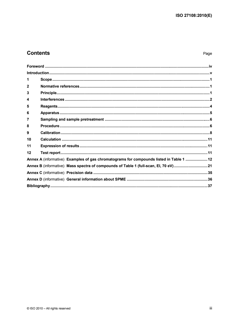 ISO 27108:2010 ISO 27108:2010 - Water quality — Determination of selected plant treatment agents and biocide products — Method using solid-phase microextraction (SPME) followed by gas chromatography-mass spectrometry (GC-MS)/8/2010 - Page 3 preview