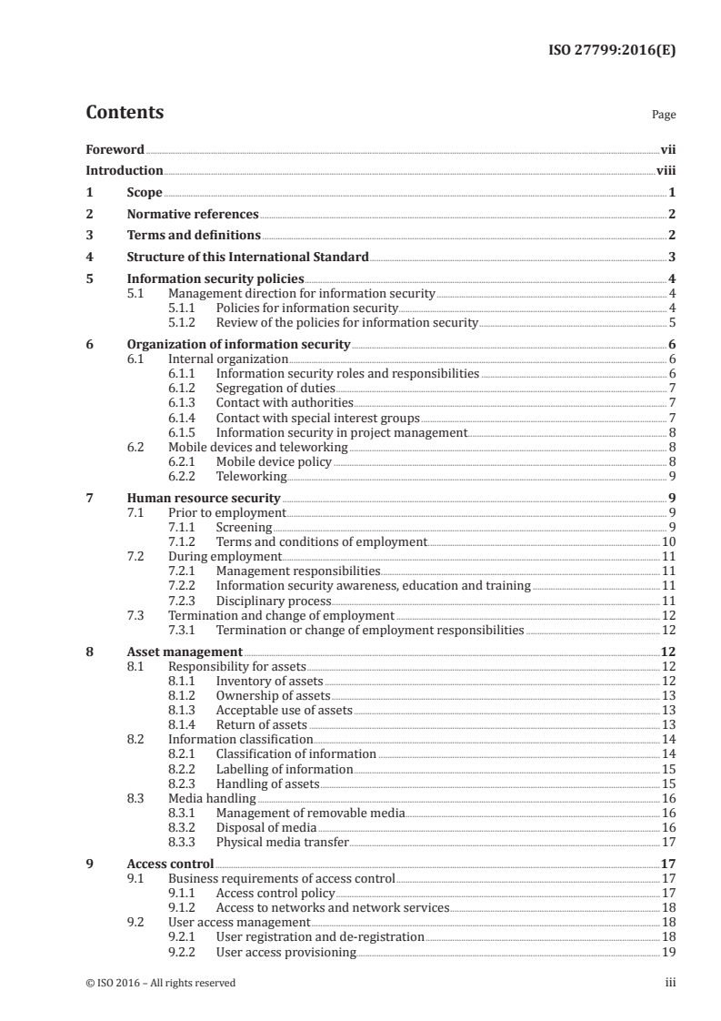 ISO 27799:2016 ISO 27799:2016 - Health informatics — Information security management in health using ISO/IEC 27002/1/2016 - Page 3 preview