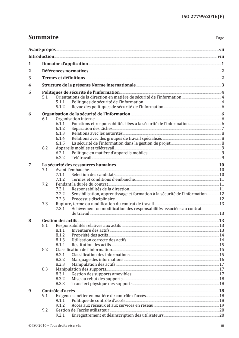 ISO 27799:2016 ISO 27799:2016 - Informatique de santé — Management de la sécurité de l'information relative à la santé en utilisant l'ISO/IEC 27002/1/2016 - Page 3 preview