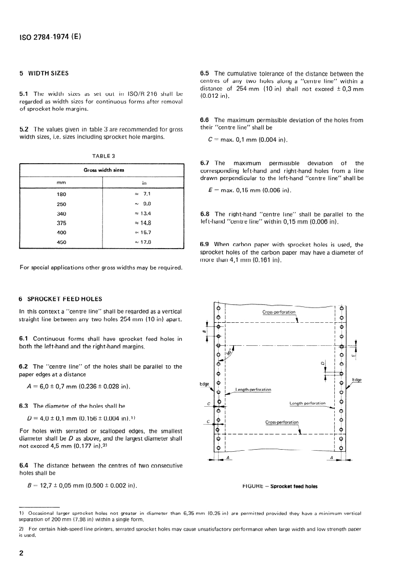 ISO 2784:1974 ISO 2784:1974 - Continuous forms used for information processing — Sizes and sprocket feed holes/1/1974 - Page 4 preview