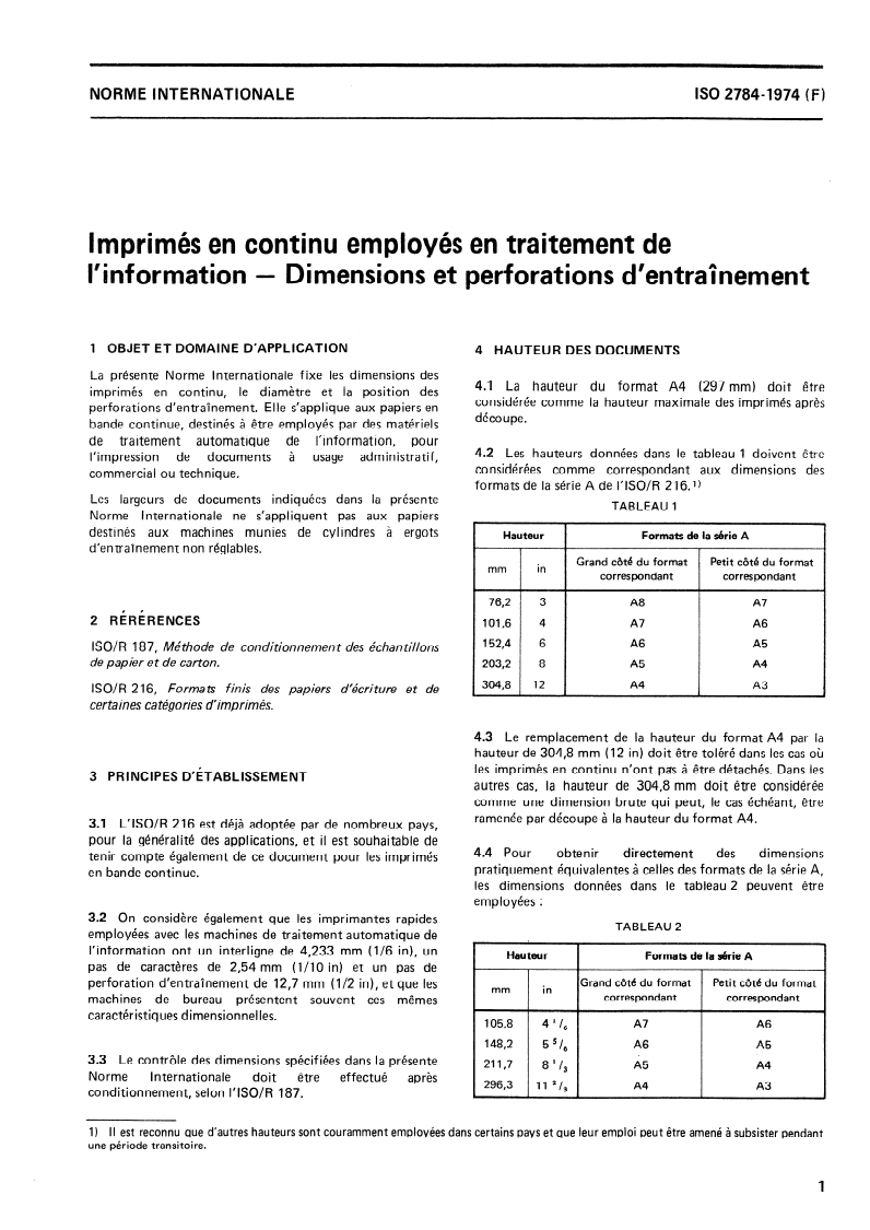 ISO 2784:1974 ISO 2784:1974 - Imprimés en continu employés en traitement de l'information — Dimensions et perforations d'entraînement/1/1974 - Page 3 preview