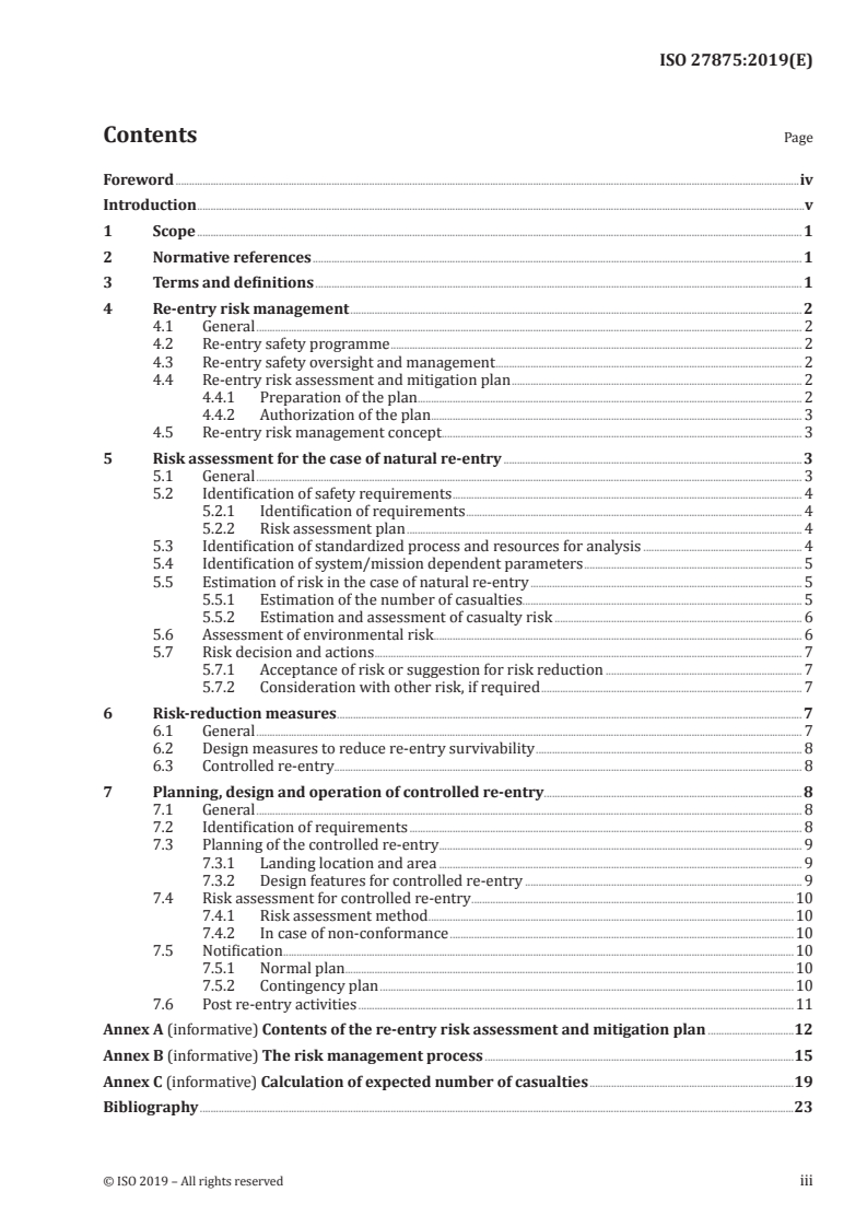 ISO 27875:2019 ISO 27875:2019 - Space systems — Re-entry risk management for unmanned spacecraft and launch vehicle orbital stages/1/2019 - Page 3 preview