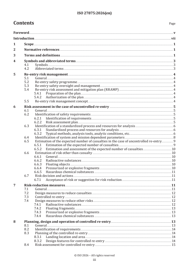 ISO 27875:2026 ISO 27875:2026 - Space systems — Re-entry risk management for uncrewed spacecraft and launch vehicle orbital stages - Page 3 preview