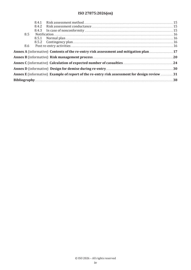 ISO 27875:2026 ISO 27875:2026 - Space systems — Re-entry risk management for uncrewed spacecraft and launch vehicle orbital stages - Page 4 preview