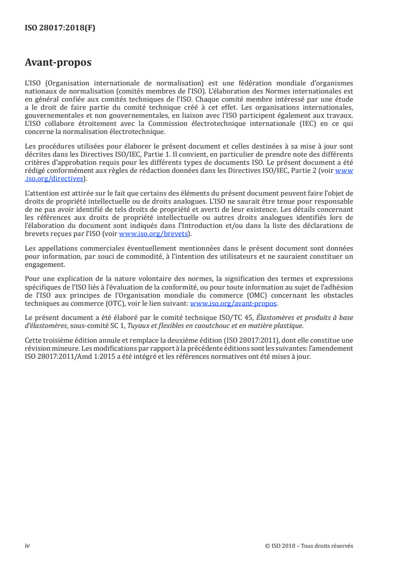 ISO 28017:2018 ISO 28017:2018 - Tuyaux et flexibles en caoutchouc, à armature textile ou métallique, pour des applications de dragage — Spécifications/8/2018 - Page 4 preview