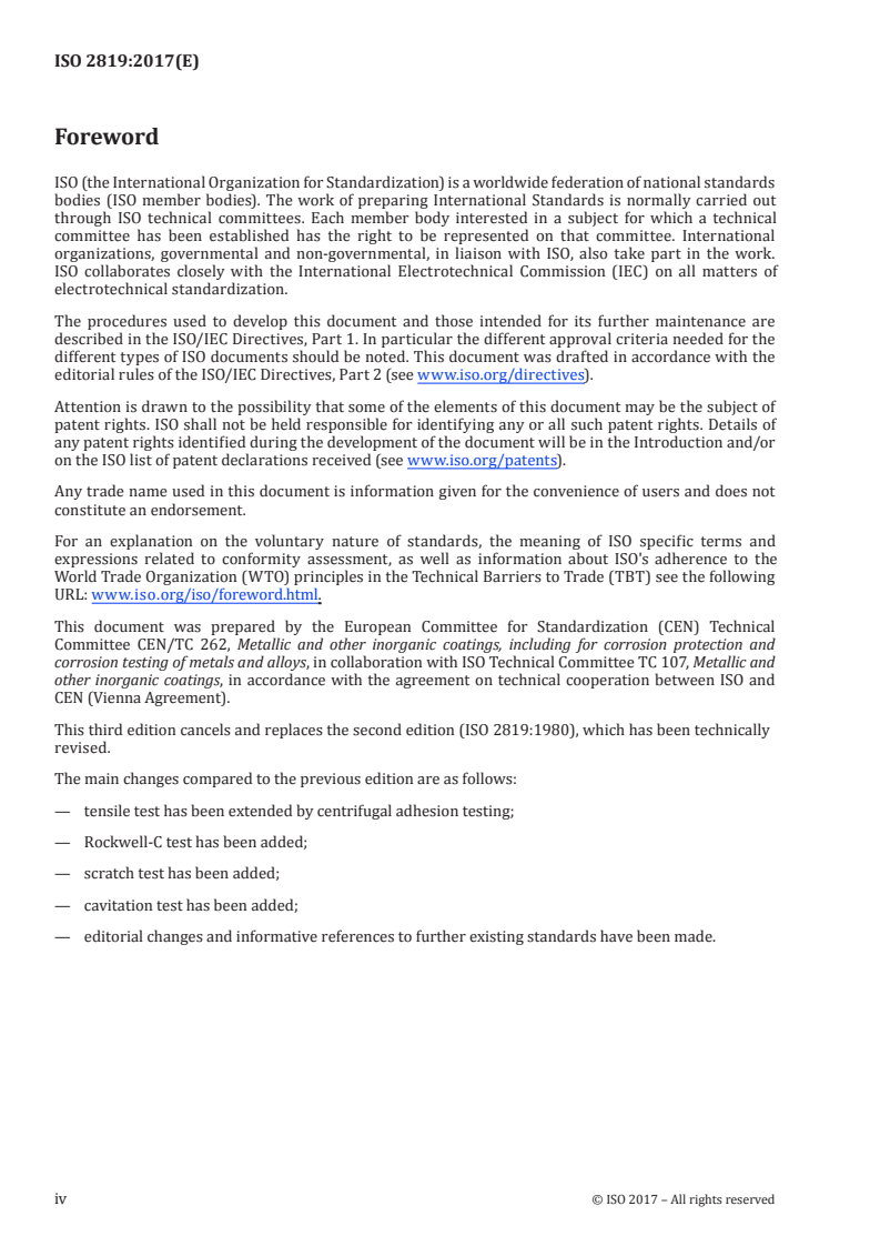 ISO 2819:2017 ISO 2819:2017 - Metallic coatings on metallic substrates — Electrodeposited and chemically deposited coatings — Review of methods available for testing adhesion/6/2017 - Page 4 preview