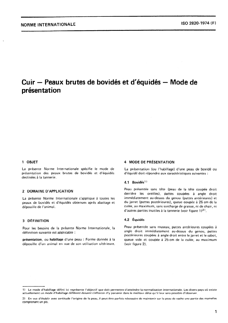 ISO 2820:1974 ISO 2820:1974 - Cuir — Peaux brutes de bovidés et d'équidés — Mode de présentation/1/1974 - Page 3 preview