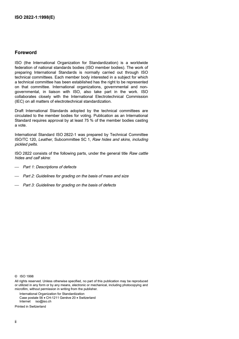 ISO 2822-1:1998 ISO 2822-1:1998 - Raw cattle hides and calf skins — Part 1: Descriptions of defects/29/1998 - Page 2 preview