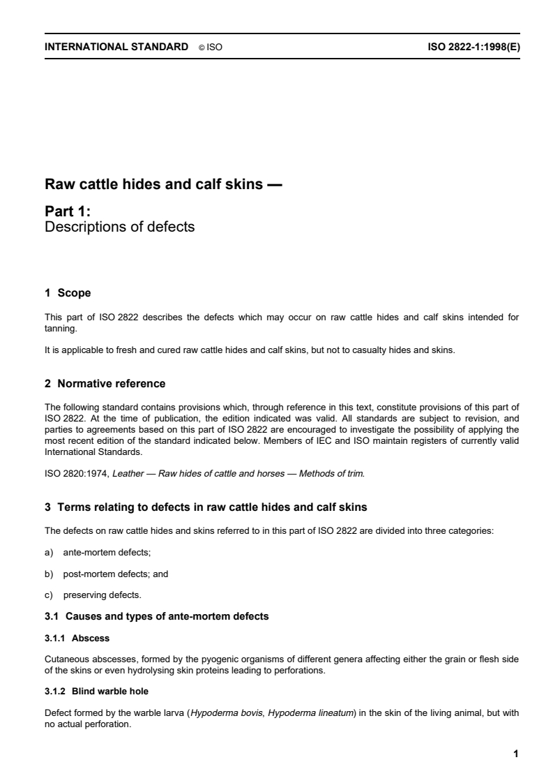 ISO 2822-1:1998 ISO 2822-1:1998 - Raw cattle hides and calf skins — Part 1: Descriptions of defects/29/1998 - Page 3 preview
