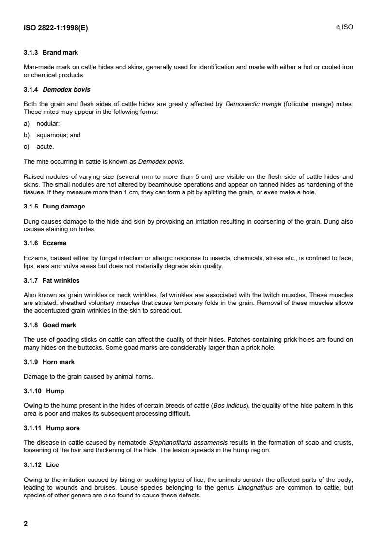ISO 2822-1:1998 ISO 2822-1:1998 - Raw cattle hides and calf skins — Part 1: Descriptions of defects/29/1998 - Page 4 preview