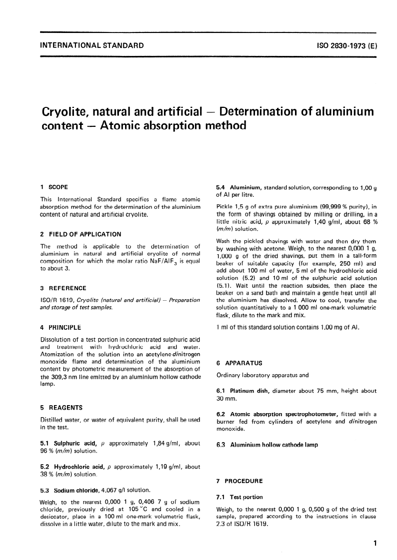 ISO 2830:1973 ISO 2830:1973 - Cryolite, natural and artificial — Determination of aluminium content — Atomic absorption method/1/1973 - Page 3 preview