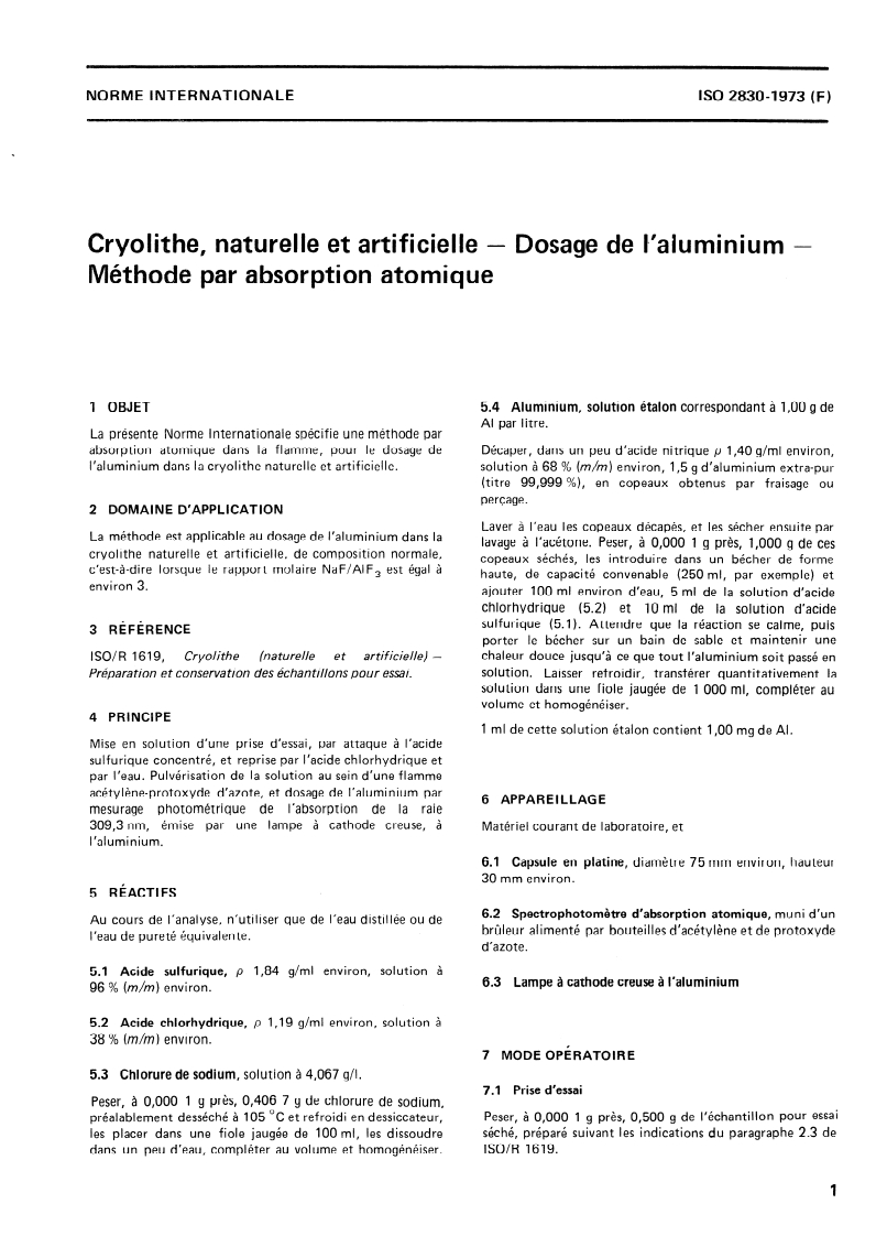 ISO 2830:1973 ISO 2830:1973 - Cryolithe, naturelle et artificielle — Dosage de l'aluminium — Méthode par absorption atomique/1/1973 - Page 3 preview
