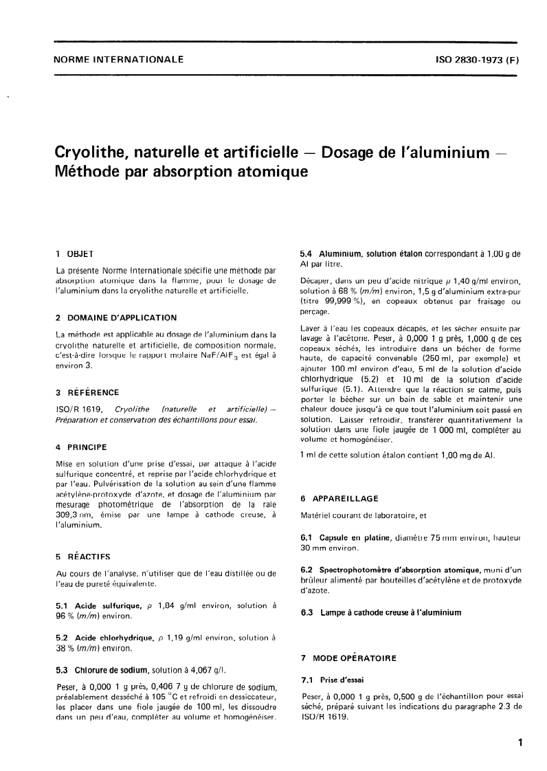 ISO 2830:1973 ISO 2830:1973 - Cryolithe, naturelle et artificielle — Dosage de l'aluminium — Méthode par absorption atomique/1/1973 - Page 3 preview