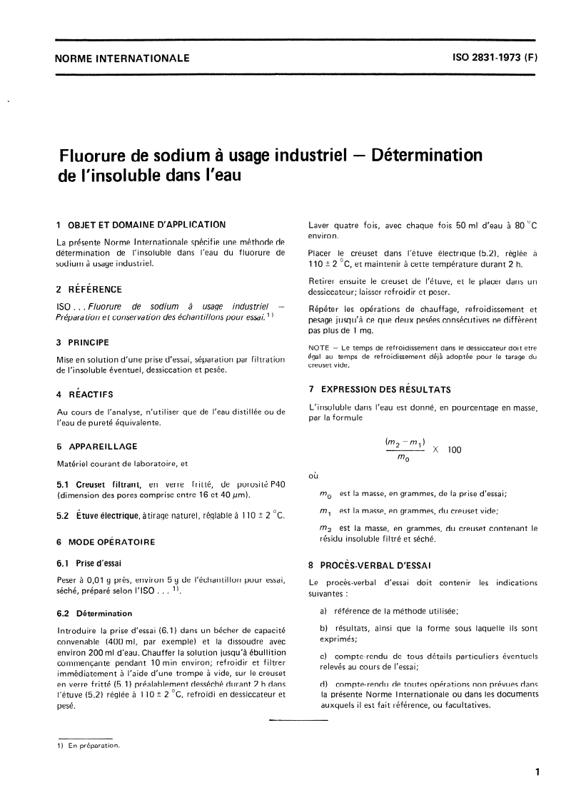 ISO 2831:1973 ISO 2831:1973 - Fluorure de sodium à usage industriel — Détermination de l'insoluble dans l'eau/1/1973 - Page 3 preview