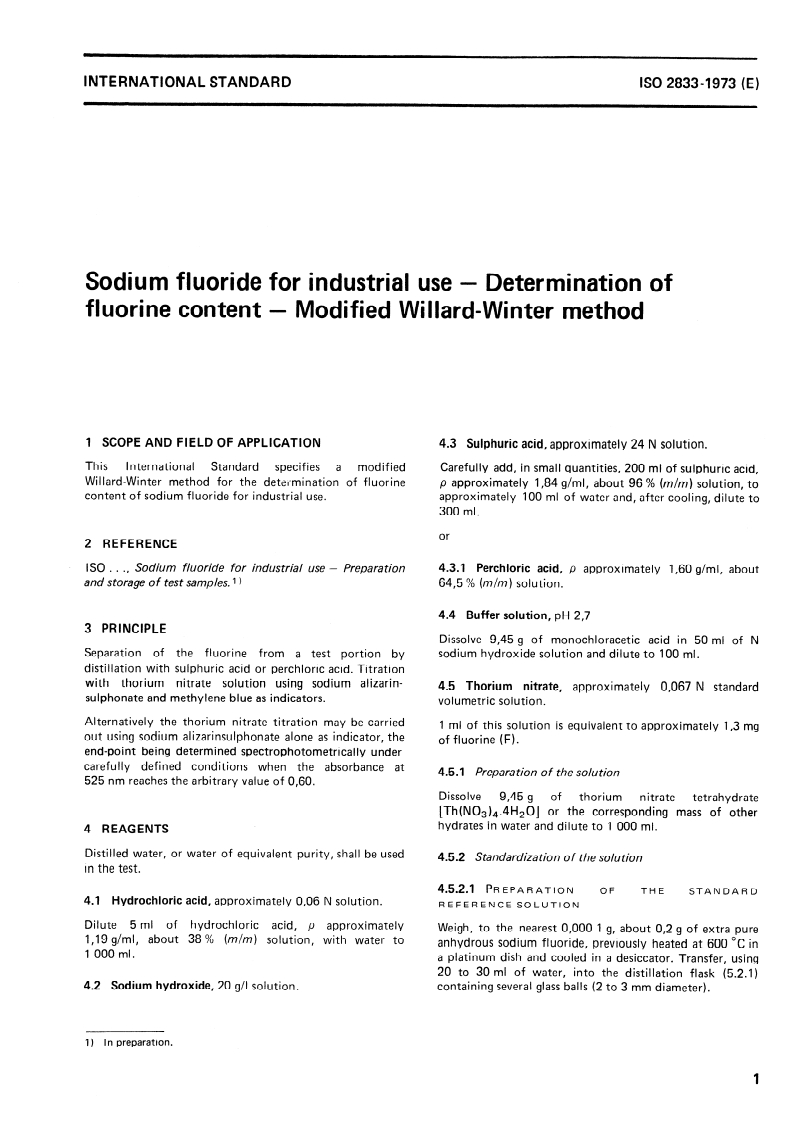 ISO 2833:1973 ISO 2833:1973 - Sodium fluoride for industrial use — Determination of fluorine content — Modified Willard-Winter method/1/1973 - Page 3 preview