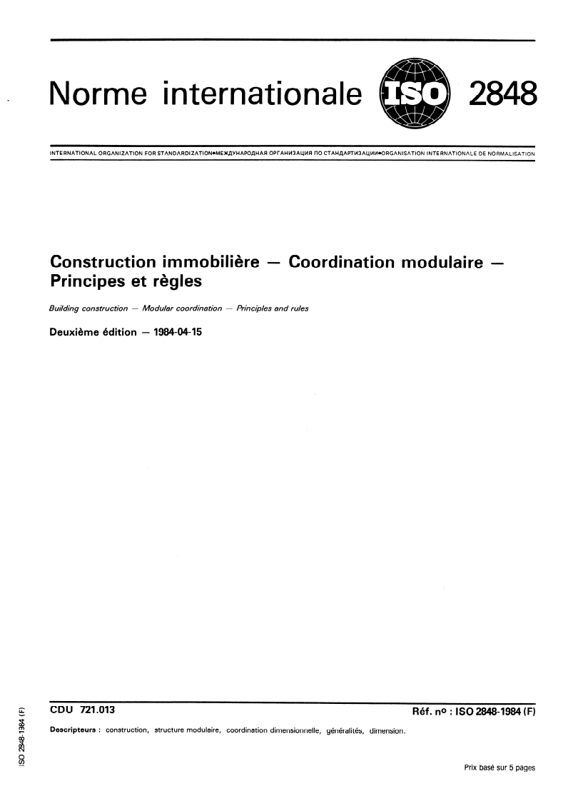 ISO 2848:1984 ISO 2848:1984 - Construction immobilière — Coordination modulaire — Principes et règles/1/1984 - Page 1 preview