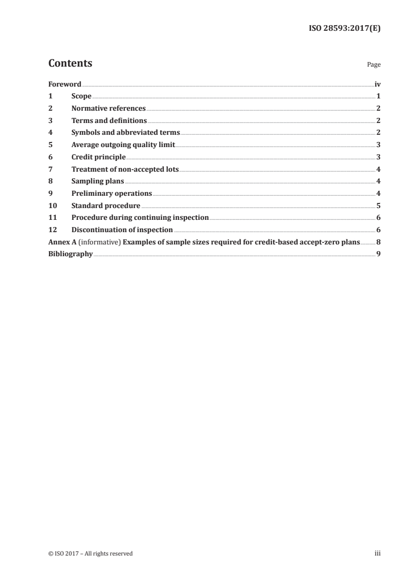 ISO 28593:2017 ISO 28593:2017 - Acceptance sampling procedures by attributes — Accept-zero sampling system based on credit principle for controlling outgoing quality/23/2017 - Page 3 preview