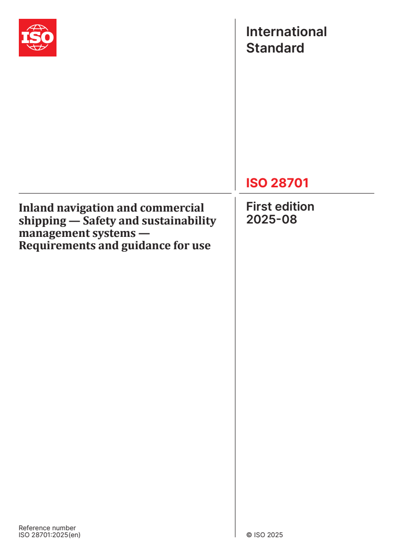 ISO 28701:2025 - Inland navigation and commercial shipping — Safety and sustainability management systems — Requirements and guidance for use
Released:19. 08. 2025