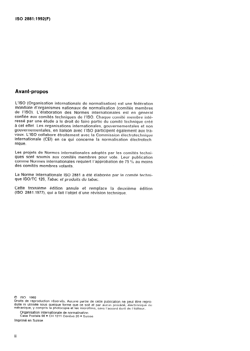 ISO 2881:1992 ISO 2881:1992 - Tabac et produits du tabac — Détermination de la teneur en alcaloïdes — Méthode spectrométrique/20/1992 - Page 2 preview