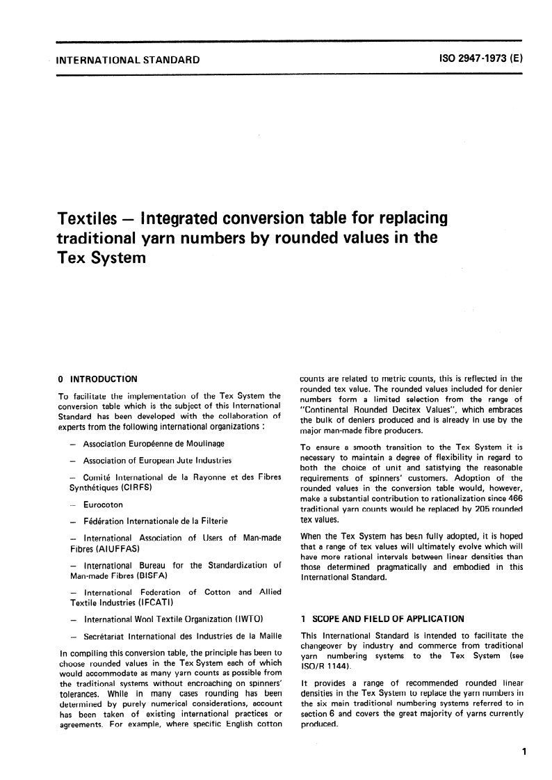 ISO 2947:1973 ISO 2947:1973 - Textiles — Integrated conversion table for replacing traditional yarn numbers by rounded values in the Tex System/1/1973 - Page 3 preview