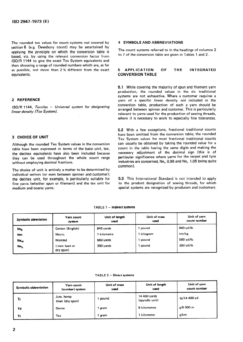 ISO 2947:1973 ISO 2947:1973 - Textiles — Integrated conversion table for replacing traditional yarn numbers by rounded values in the Tex System/1/1973 - Page 4 preview