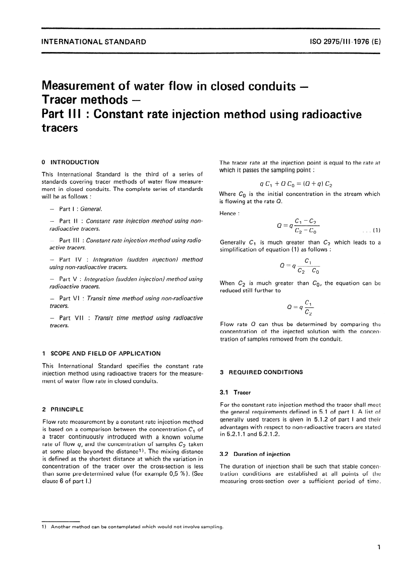 ISO 2975-3:1976 ISO 2975-3:1976 - Measurement of water flow in closed conduits — Tracer methods — Part 3: Constant rate injection method using radioactive tracers/1/1976 - Page 3 preview
