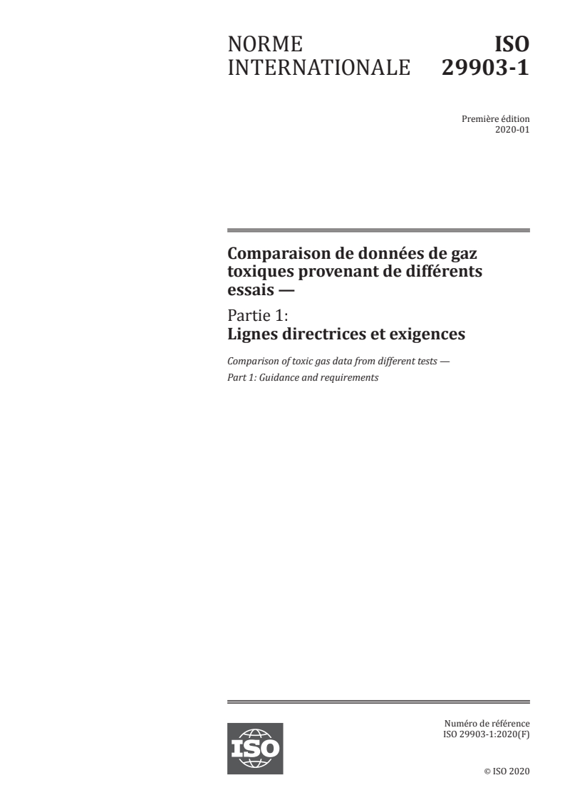 ISO 29903-1:2020 ISO 29903-1:2020 - Comparaison de données de gaz toxiques provenant de différents essais — Partie 1: Lignes directrices et exigences/26/2020 - Page 1 preview