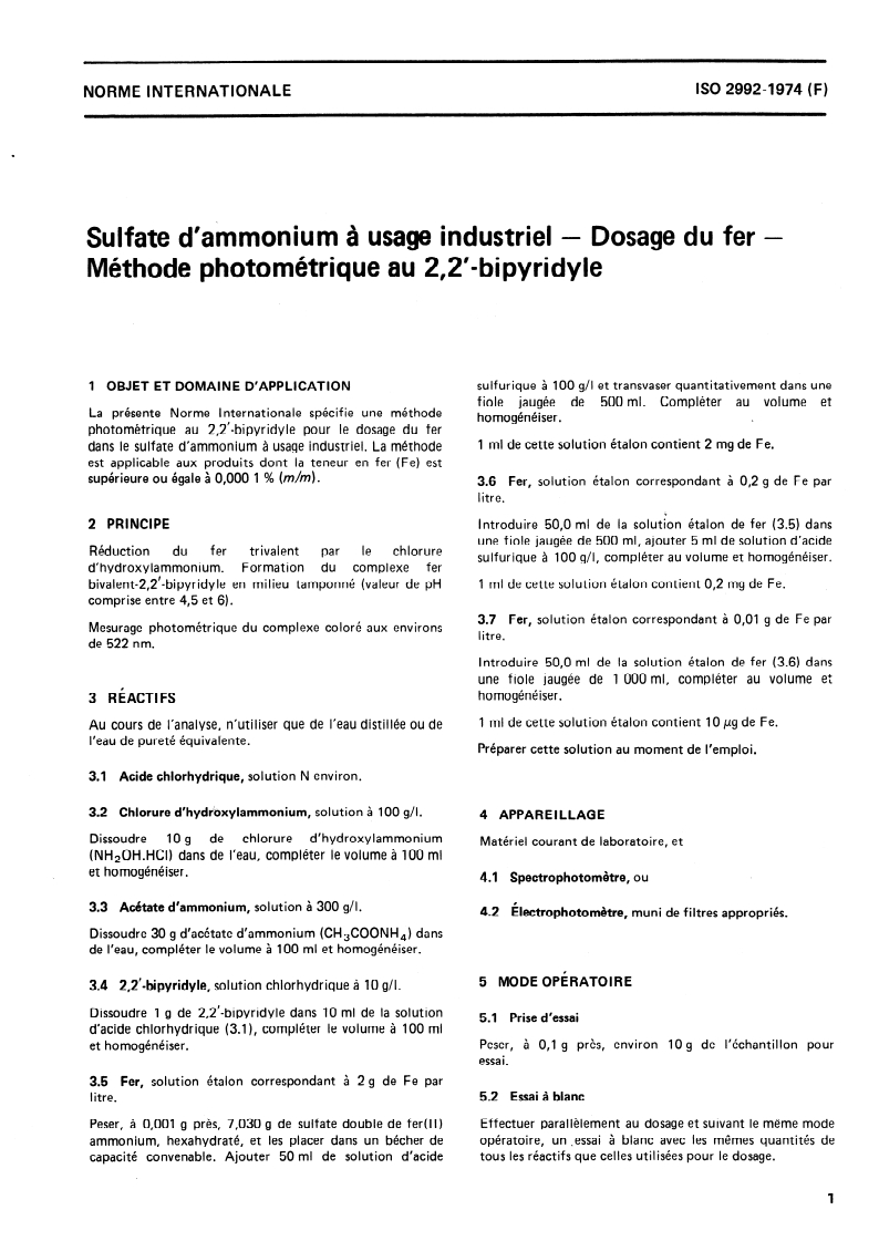 ISO 2992:1974 ISO 2992:1974 - Sulfate d'ammonium à usage industriel — Dosage du fer — Méthode photométrique au 2,2'- bipyridyle/1/1974 - Page 3 preview