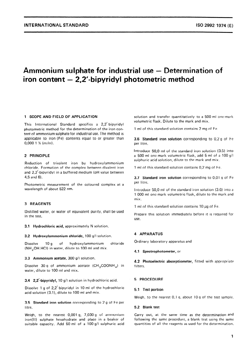 ISO 2992:1974 ISO 2992:1974 - Ammonium sulphate for industrial use — Determination of iron content — 2,2'- Bipyridyl photometric method/1/1974 - Page 3 preview