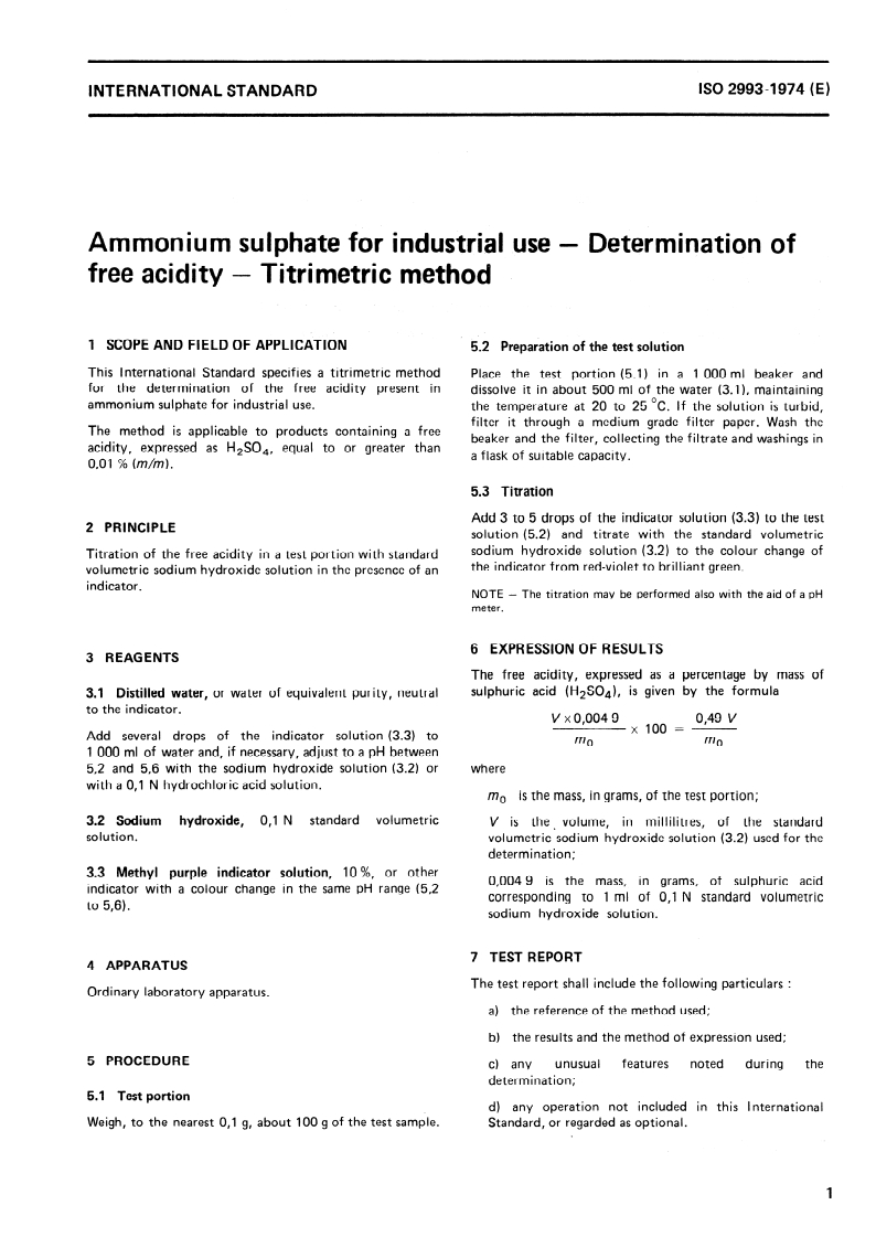 ISO 2993:1974 ISO 2993:1974 - Ammonium sulphate for industrial use — Determination of free acidity — Titrimetric method/1/1974 - Page 3 preview