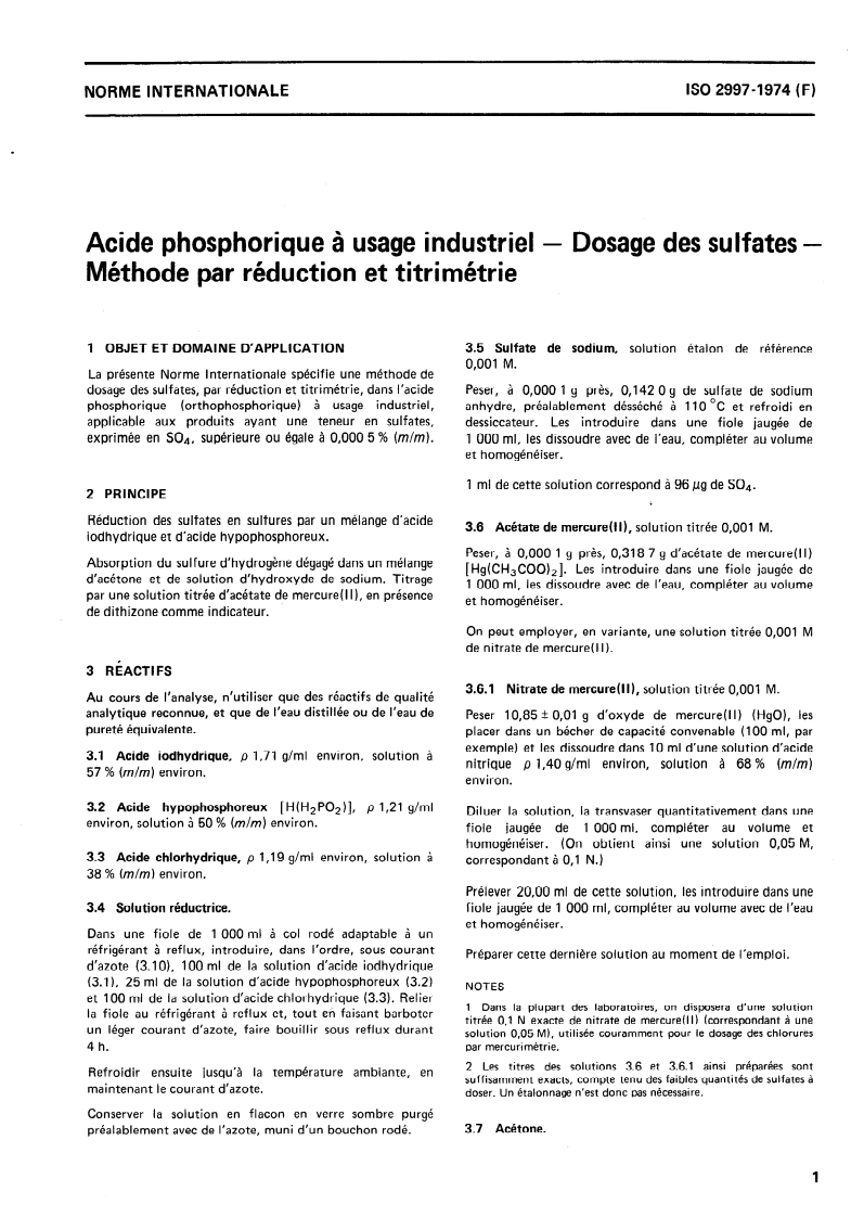 ISO 2997:1974 ISO 2997:1974 - Acide phosphorique à usage industriel — Dosage des sulfates — Méthode par réduction et titrimétrie/1/1974 - Page 3 preview