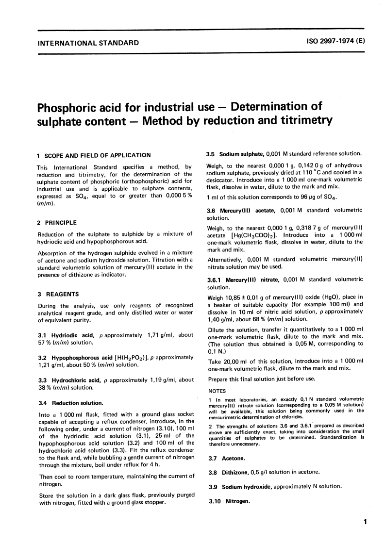 ISO 2997:1974 ISO 2997:1974 - Phosphoric acid for industrial use — Determination of sulphate content — Method by reduction and titrimetry/1/1974 - Page 3 preview