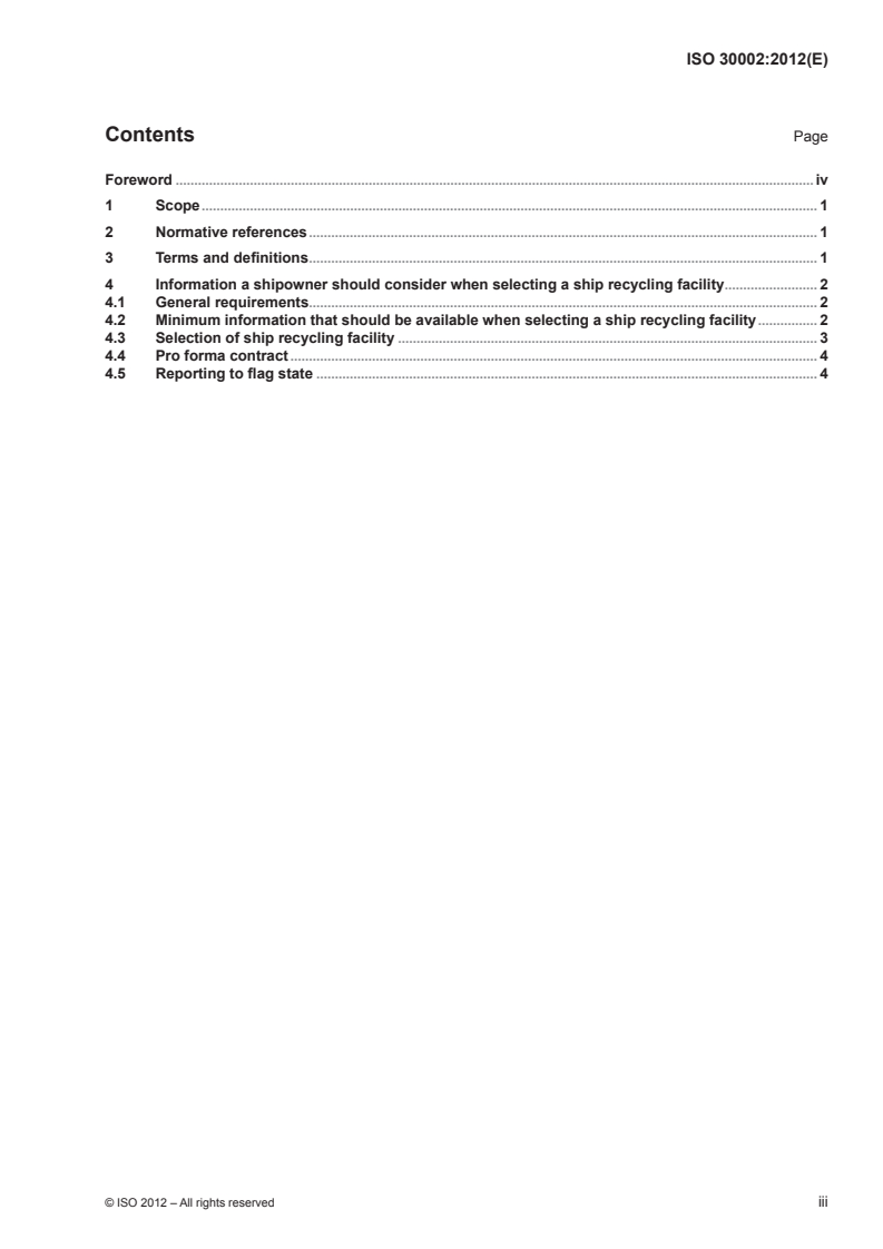 ISO 30002:2012 ISO 30002:2012 - Ships and marine technology — Ship recycling management systems — Guidelines for selection of ship recyclers (and pro forma contract)/14/2012 - Page 3 preview