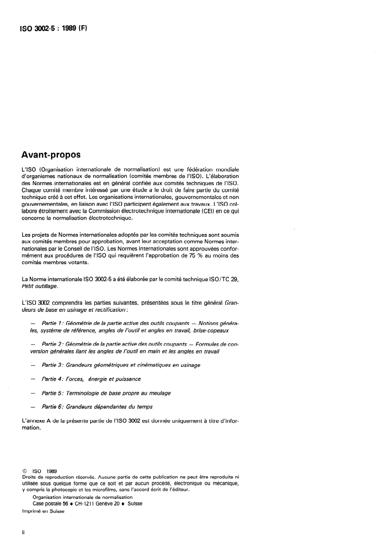 ISO 3002-5:1989 ISO 3002-5:1989 - Grandeurs de base en usinage et rectification — Partie 5: Terminologie de base propre au meulage/2/1989 - Page 2 preview
