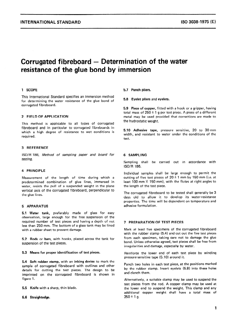 ISO 3038:1975 ISO 3038:1975 - Corrugated fibreboard — Determination of the water resistance of the glue bond by immersion/1/1975 - Page 3 preview