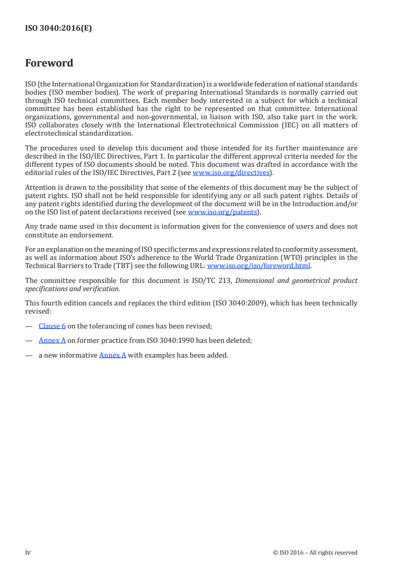ISO 3040:2016 ISO 3040:2016 - Geometrical product specifications (GPS) — Dimensioning and tolerancing — Cones/11/2016 - Page 4 preview