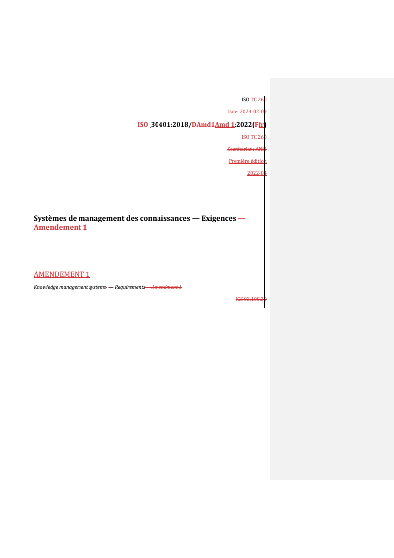 ISO 30401:2018/Amd 1:2022 REDLINE ISO 30401:2018/Amd 1:2022 - Systèmes de management des connaissances — Exigences — Amendement 1/15/2024 - Page 1 preview