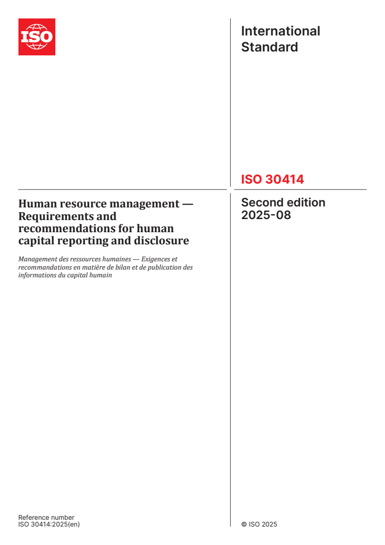 ISO 30414:2025 - Human resource management — Requirements and recommendations for human capital reporting and disclosure
Released:25. 08. 2025