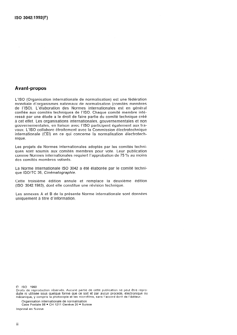 ISO 3042:1992 ISO 3042:1992 - Cinématographie — Étiquetage des boîtes pour films cinématographiques et magnétiques vierges — Spécifications minimales d'information/1/1992 - Page 2 preview