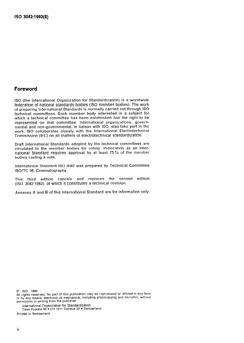 ISO 3042:1992 ISO 3042:1992 - Cinematography — Labelling of containers for raw-stock motion-picture films and magnetic films — Minimum information specifications/1/1992 - Page 2 preview
