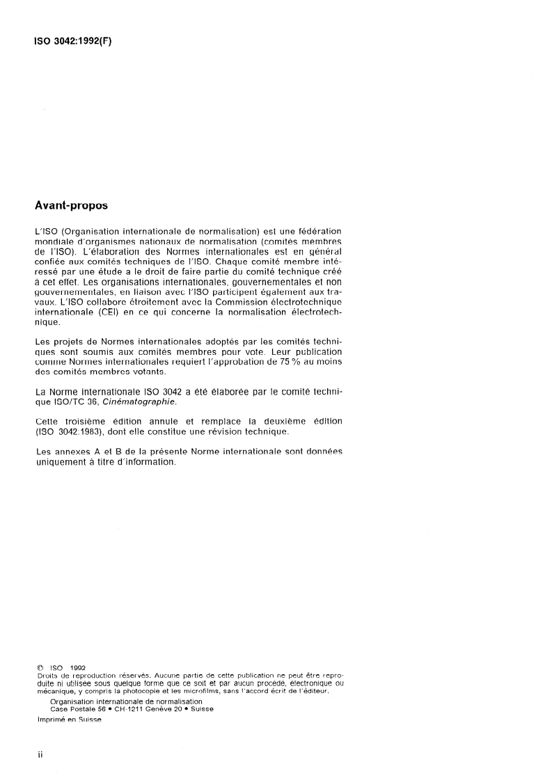 ISO 3042:1992 ISO 3042:1992 - Cinématographie — Étiquetage des boîtes pour films cinématographiques et magnétiques vierges — Spécifications minimales d'information/1/1992 - Page 2 preview